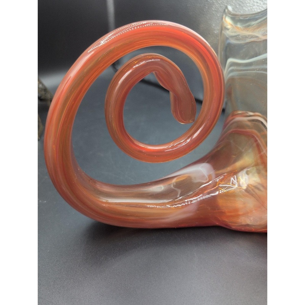 Vtg. large Sooner Art Hand Blown Glass Lotus Cornucopia Orange Vase - Picture 7 of 10